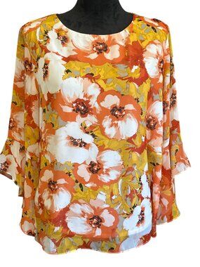 Floral Bell Sleeve Blouse Women XL Kasper Lightweight Polyester Orange White Yel